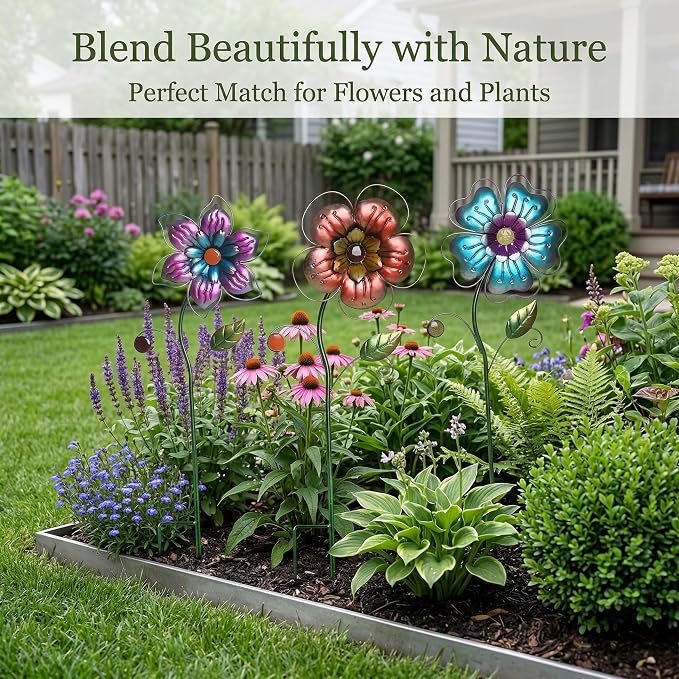 Garden Stake Outdoor Plant Pick Cute Metal Flower Stick Art Ornament Decor Lawn Yard Patio,3 Set