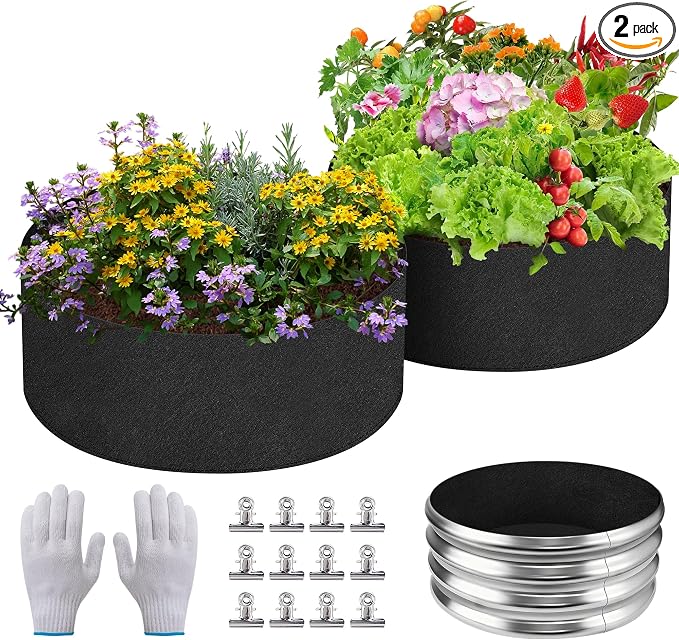 2 Sets 2 x 2 x 1 ft Raised Garden Bed Liner Bag, Breathable Grow Bed Fabric Liners with Clips and Gloves, Garden Box Non Woven Bag for Outdoor Plants Growth Keep Soil Isolation (No Garden Bed)