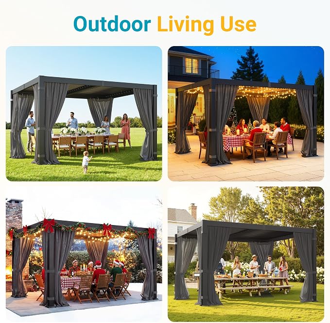 10' x 12' Louvered Pergola, Outdoor Pergola with Curtains & Netting, Aluminum Frame Patio Pergola with Adjustable Louvers Roof & Gutter System, Hardtop Gazebo for Patio, Deck, Garden, Yard, Dark Gray