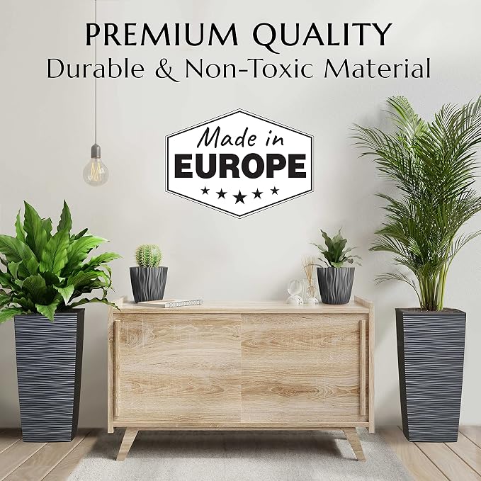 Mueller M-Resin Heavy Duty Tall Planters for Outdoor Plants, Indoor Grande Plant Pots, Boxes, Trees, Flower Pots, 2-Piece Set, 24”, Modern Design, Built-in Drainage, Front Porch Decor, Dark Gray