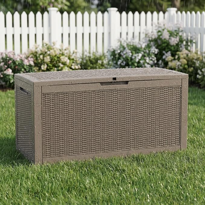 100 Gallon Deck Box, Waterproof Resin Rattan Outdoor Storage Box Lockable for Patio, Fade Resistant Outdoor Side Table & Organizer for Garden Tools, Pool Floats, Outdoor Cushions, Light Coffee
