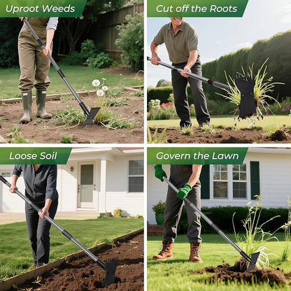 Walensee 2-in-1 Weed Puller Tool and Garden Hoe, Long Handle Weed Rake | Durable 3.5mm steel head, 64-inch adjustable handle. Ergonomic design relieves back strain while removing deep-rooted weeds.