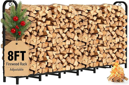 Gtongoko 8ft Heavy Duty Metal Firewood Rack Outdoor Indoor Adjustable Fire Wood Holder Rack for Fireplace, Log Racks for Firewood Outdoor, Wood Pile Storage Organizer, Black