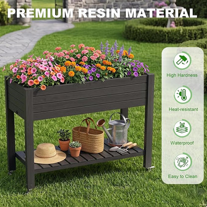 Elevated Resin Raised Garden Bed, 33.7in Height Raised Planter Box with Drainage Holes, Lockable Rotating Wheels & Bottom Storage Shelf, Stake Support, Easy Assembly for Patio Lawn Backyard Balcony