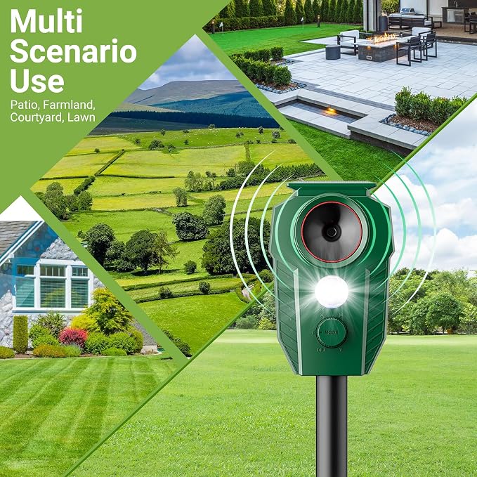 4 Pack Solar Powered Animal Repellent Outdoor, Deer Repellent Devices Ultrasonic Motion Activated, Cat & Raccoon Repellent for Yard Garden Lawn, IP65 Waterproof Pest Repellent with LED Light