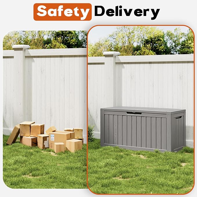 Outdoor Storage Box, Resin Deck Boxes Indoor and outdoor, Waterproof Storage Box Lockable Lid (Grey, 85 Gallon)