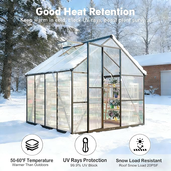 6x8FT Greenhouse, Plant Gardening Green Houses for Outside Heavy Duty with Aluminum Frame,Walk-in Outdoor Greenhouse, Polycarbonate Greenhouse, Quick Setup,Vented Roof Window, Charcoal Gray