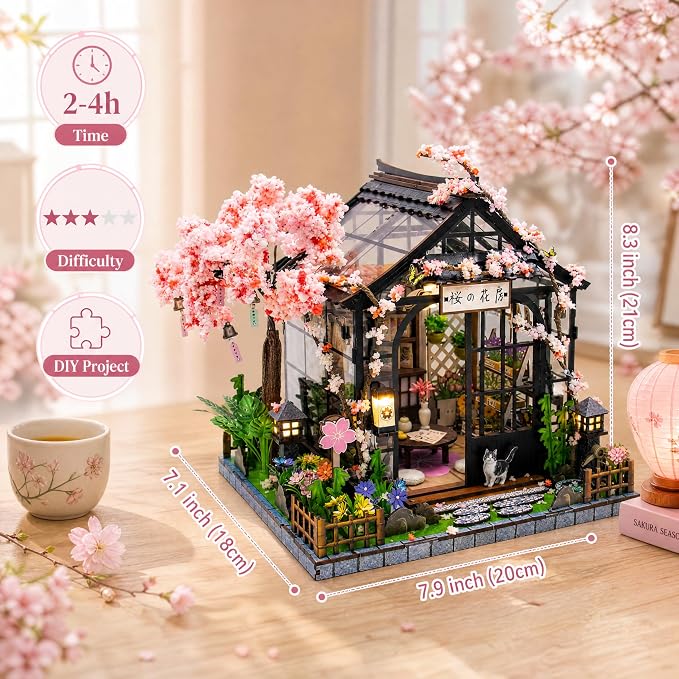 DIY Miniature House Kit, DIY Book Nook with LED Light | 3D Puzzles for Adults and Teens, Building Kits for Bookshelf Decor, Creative Gift for Craft Lovers | Sakura Greenhouse