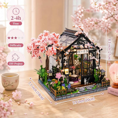 DIY Miniature House Kit, DIY Book Nook with LED Light | 3D Puzzles for Adults and Teens, Building Kits for Bookshelf Decor, Creative Gift for Craft Lovers | Sakura Greenhouse