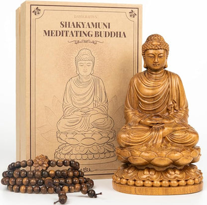 Buddha Statue – Wooden Shakyamuni Buddha for Indoor Home Altar, Meditation Room Decor, Buddhist Spiritual Gifts