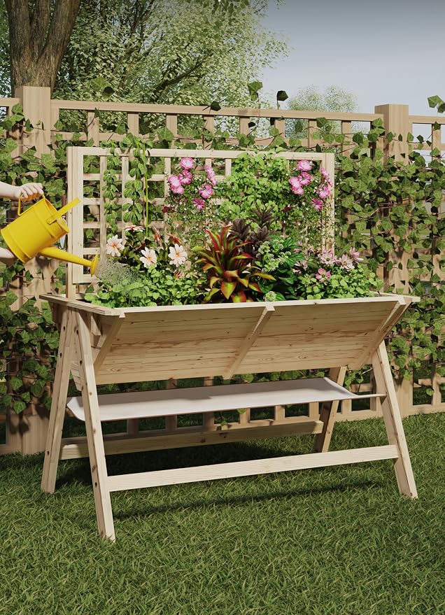 GarveeHome 52x30x54 in Raised Garden Bed with Legs, Elevated Wooden Raised Planter Box with Vine Climbing Trellis Outdoor Standing Growing Bed for Growing Vegetables Flowers Herbs
