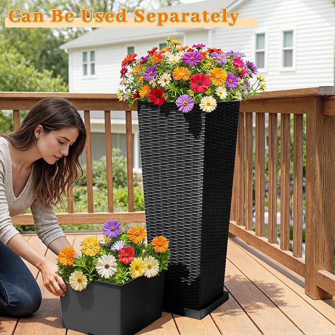 Greesum 32 Inch Tall Plastic Planters with Detachable Inner Pot & Drainage Holes (Set of 2), Extra Large Outdoor Flower Pots for Large Plants, Trees, Patio, and Garden, Black