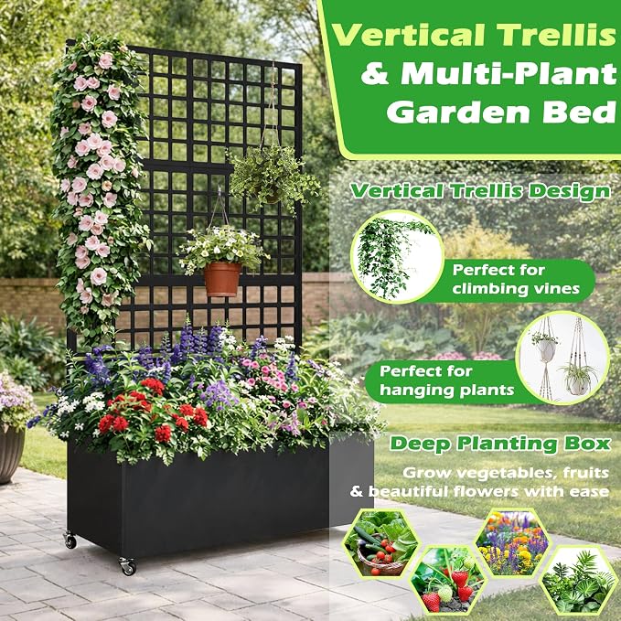 Metal Raised Garden Bed with Grid Trellis and Wheels, 43” L x 16” W x 71” H Privacy Screen for Climbing Plants, Metal Planter Box with Drainage Holes, Black
