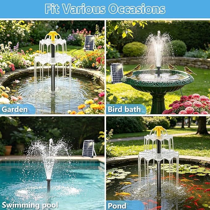 Yeomi 6W Solar Fountain Pump, 3-Tier Waterfall Solar Water Fountain