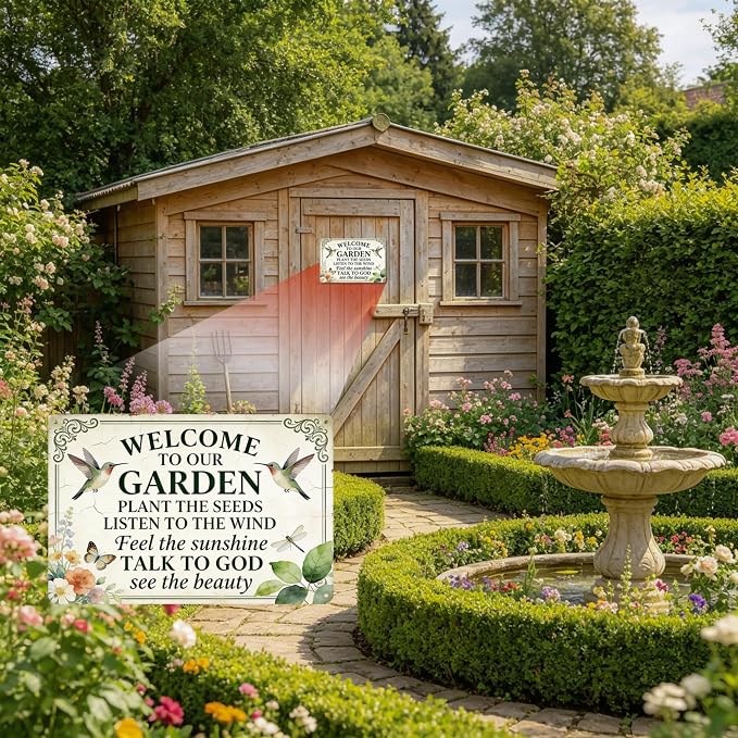 Funny Garden Metal Signs, Vintage Outdoor Wall Decor 8x12 Inch | Welcome To Our Garden Sign, Weatherproof Aluminum Sign for Patio Yard Greenhouse, Gift For Gardeners