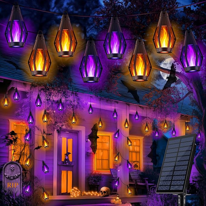 iBaycon 42Ft 15 LED Solar Flame Halloween String Lights, Warm White+Purple | Ultra-Real Flickering Flame Lamp Outdoor Waterproof, Solar Patio String Lights for Garden Yard Lawn Halloween Decorations