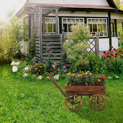 Notume Garden Wooden Decor Rustic Flower Pot,Planters Wagon Indoor Outdoor Backyard Balcony Decor,for Outside Garden Decor Wheelbarrow Planter for Patio (Wooden Wagon)