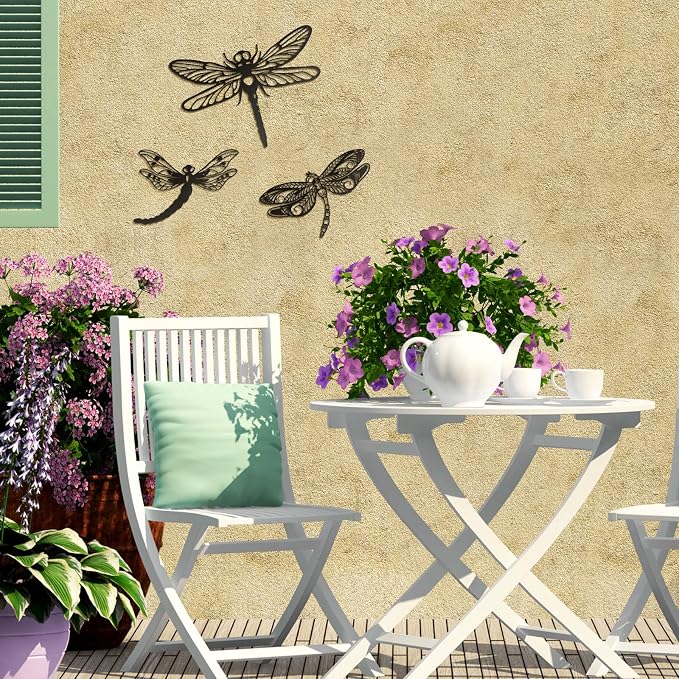 Moxweyeni 3 Pack Metal Dragonfly Wall Decor Outdoor Garden Fence Art 7.9/8.6/11.4 Inch Outside Wall Hanging Decorations for Living Room, Bedroom, Yard, Patio, Porch Dragonfly Gift