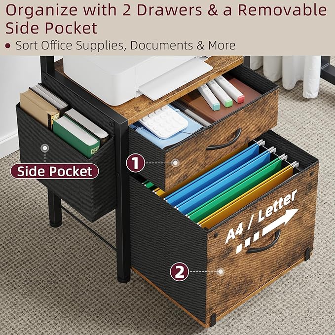 HIGDBFE 2-Drawer File Cabinet with Printer Stand&Dual Shelves, Rustic Brown | 2-Tier Printer Storage, Letter File Drawer, Reversible Side Bag, Smooth Drawer Slides, Rolling Support Board