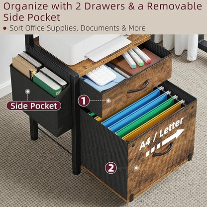 HIGDBFE 2-Drawer File Cabinet with Printer Stand&Dual Shelves, Rustic Brown | 2-Tier Printer Storage, Letter File Drawer, Reversible Side Bag, Smooth Drawer Slides, Rolling Support Board