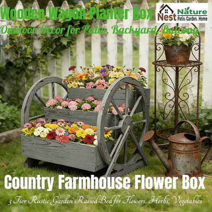 3 Tier Large Wooden Wagon Planter Box|Outdoor Planter/Flower Pot for Indoor&Outdoor Plants-Rustic Garden Planter for Patio,Porch&Garden Decor-Raised Garden Bed for Succulents,Herbs,Vegetables