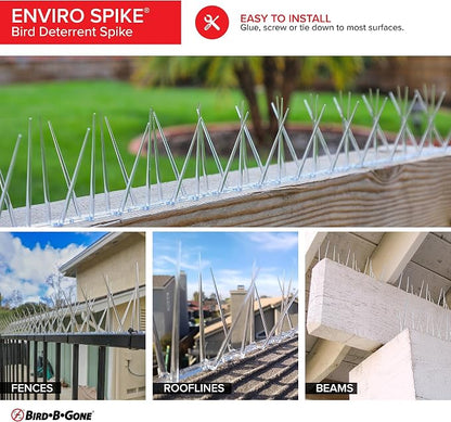 Bird B Gone - EnviroSpike Plastic Anti Bird Spikes (10' Kit) - Humane Deterrent - Stops Pigeons & Birds from Roosting - UV-Stabilized Polycarbonate - for Rooftops, Ledges, Fences, Etc - Made in USA