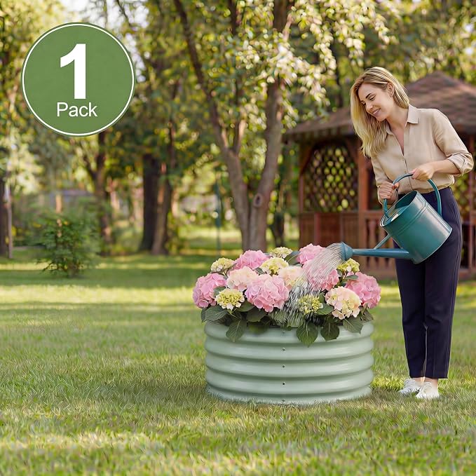 Sponvatt 1Pcs Round Galvanized Raised Garden Bed Kit 24 x 12 Inch Metal Planter Box Outdoor with Safety Rubber Edge Trim Rust Proof Weather Resistant Circular Steel Garden Beds Sage Green 12 Inch Deep