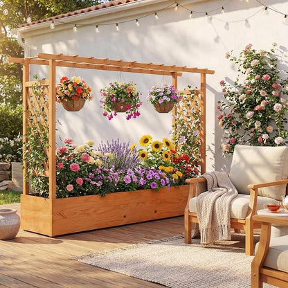 HAPPYGRILL Raised Garden Bed with Trellis, Freestanding Wood Planter Box w/Hanging Roof & 8 Drainage Holes for Vine, Climbing Plants, Flowers, Outdoor Planter with Trellis for Garden, Patio, Yard