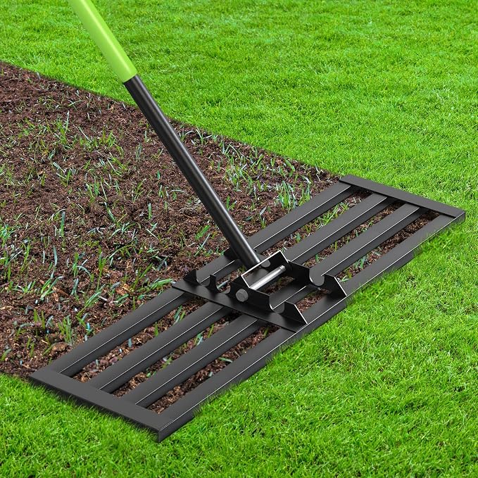 Seeutek Lawn Leveling Rake, 35" x 10" Heavy Duty Ground Leveler | with 0-180° Adjustable Handle, 6.5FT Steel Handle Lawn Leveler for Yard Garden Golf, Ease Level Soil Sand Dirt Surface