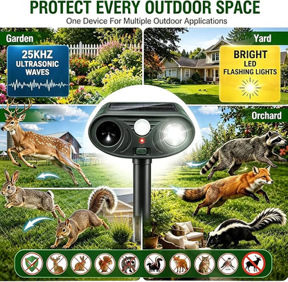 2026 new Solar Animal Repellent Ultrasonic Outdoor with Light Deer Repellent Devices Ultrasonic Cat Repellent Outdoor Fox Raccoon Rabbit Squirrel Coyote Deterrent Waterproof for Yard & Garden Black