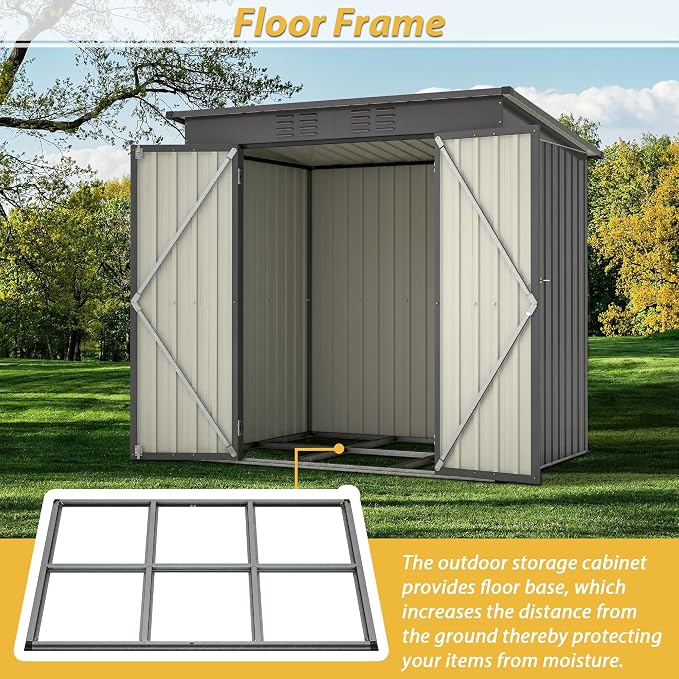 6x4 FT Galvanized Steel Garden Sheds with Ventilation and Sloped Roof, Metal Storage Locker Includes A Lock,Key & Hinged Doors,2 Pairs of Gloves,for Tool,Equipment,Black