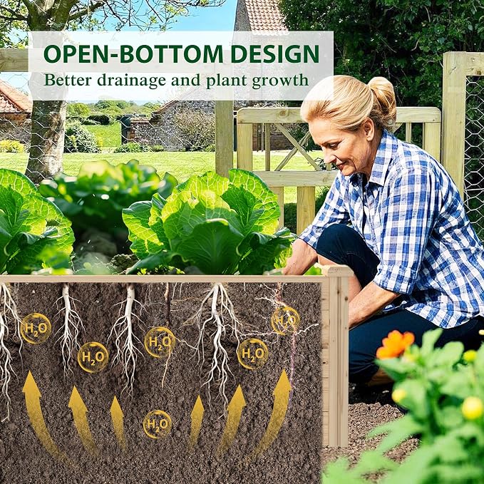 MUPATER 8x4x1.5 FT Wooden Raised Garden Bed, 43 Cubic Feet Outdoor Plant Box with Mortise & Tenon Design, Deep Raised Garden Bed for Herbs, Vegetables and Flowers, Garden, Natural Wood