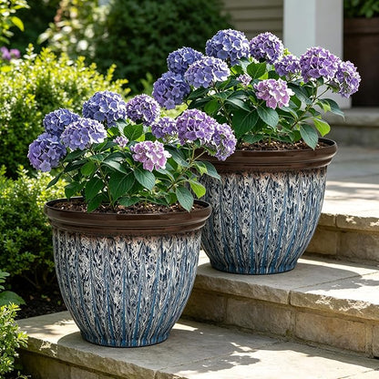 15" Large Flower Pots, 2-Pack Big Plastic Planters for Outdoor Plants | Plant Pot with 3D Textures, Artistic Floating Blue Brown Glaze, Weather-Resistant for Porch, Garden, Patio Yard or Indoor Use