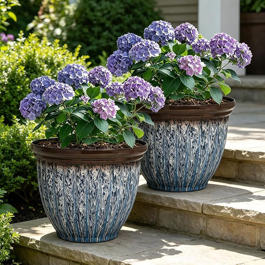15" Large Flower Pots, 2-Pack Big Plastic Planters for Outdoor Plants | Plant Pot with 3D Textures, Artistic Floating Blue Brown Glaze, Weather-Resistant for Porch, Garden, Patio Yard or Indoor Use