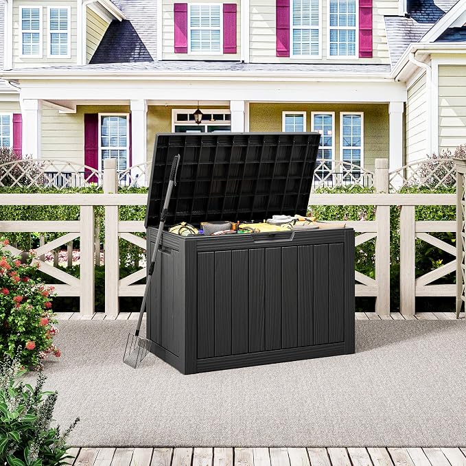 NUNU LAB Outdoor Storage Box, 45 Gallon Outside Deck Box Waterproof, Resin Outdoor Storage Cabinet With Lockable Lid, Backyard Storage Bench For Garden Tools, Patio Cushions, Pool Tools, Black