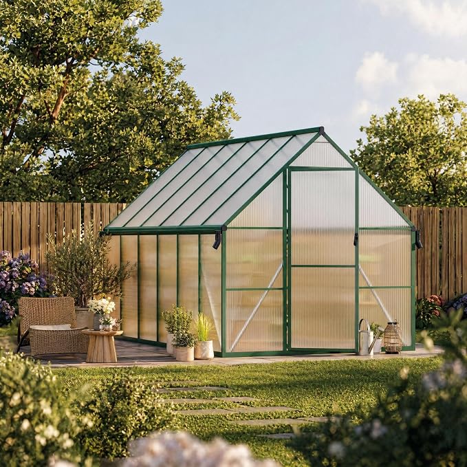 CABIHOME 8x12 FT Outdoor Greenhouse, Polycarbonate Greenhouse with Roof Vent and Ground Nails, Aluminum Large Walk-in Green House w/ Lockable Push Door for Outdoor Garden (Olive, 8x12 FT)