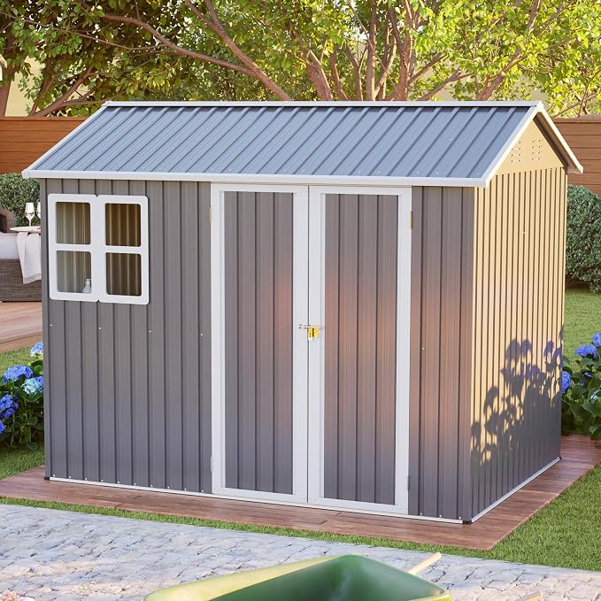 YOPTO 8X6 FT Metal Outdoor Storage Shed W/Window,Dark Gray | Heavy Duty Outdoor Shed W/ Lockable Doors & Sloped Roof,All Weather Waterproof for Garden,Patio,Backyard,Lawn