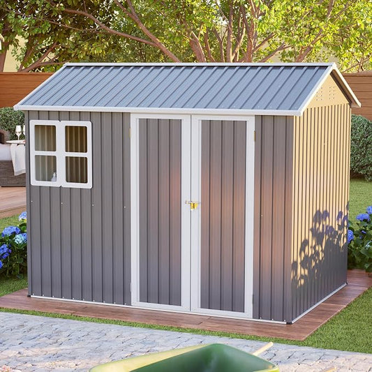 YOPTO 8X6 FT Metal Outdoor Storage Shed W/Window,Dark Gray | Heavy Duty Outdoor Shed W/ Lockable Doors & Sloped Roof,All Weather Waterproof for Garden,Patio,Backyard,Lawn