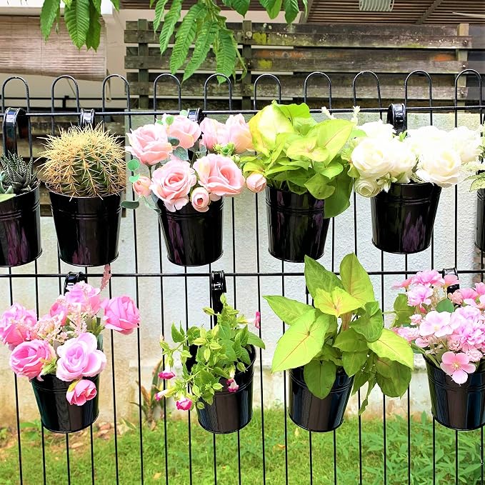 LaLaGreen Small Hanging Planters - 10 Pack, 4 Inch Black Metal Bucket Small Flower Pots for Outdoor Outside, Balcony Railing Hanging, Cute Garden Decor Rail Wall Farmhouse Rustic Deck Porch Succulent | Balcony railing planters for apartment, patio, por...