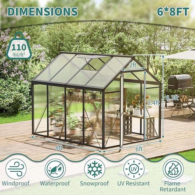Garvee 6x8ft Walk-in Greenhouse, Heavy Duty Large Outdoor Green House | Polycarbonate Garden Greenhouse with Roof Vent, Lockable Outward-Opening Swing Door & Aluminium Frame for Backyard, Grey