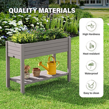 Elevated Raised Garden Bed with Wheels,Planter Box,Gray-33.7" h | Resin Planter Box with Drainage Holes, Water Monitor, Wheels for Garden Patio Backyard