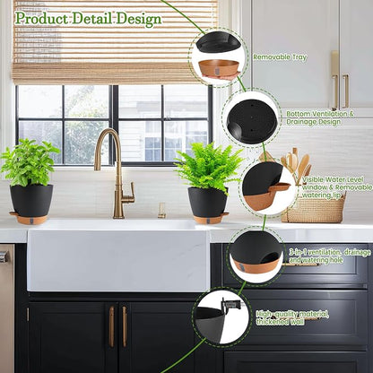 Self Watering Pots for Inoor Ourdoor Plants 10/9/8/7/6.5 Inch Plastic Planters with Drainage Holes & Water Level Indicator, Decorative House Flower Nursery Planting Pots with Saucers(Black)
