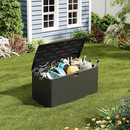 IDEALHOUSE 100 Gallon Resin Deck Box, Waterproof Outdoor Storage Box with Lockable Lid & UV Resistant, Patio Furniture Cushion Storage Container for Garden, Backyard, Poolside (Black)