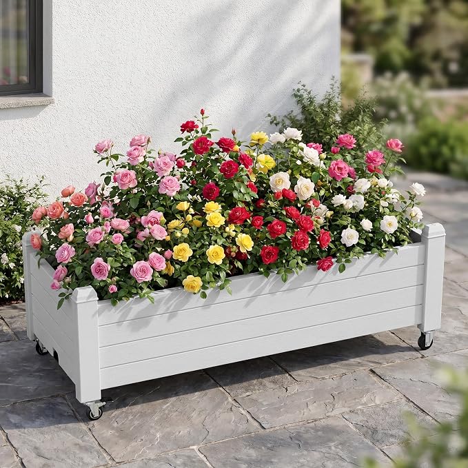 Fancyango Raised Garden Bed with Wheels 13.3" Hx2 -Ashen | Resin Elevated Garden Planter Box with Drainage, Outdoor Planter Box for Veggies Herbs Patio Balcony Backyard