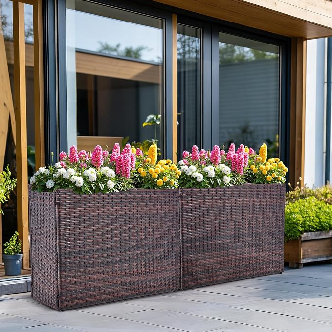 HPC Decor 32.5" Tall Planters,Plastic Planter for Outdoor Plants Handmade Wicker Large Rectangular Block Planter Box with Removable Liners, Modern Planter for Indoor Outdoor Patio Porch Deck. (Brown)