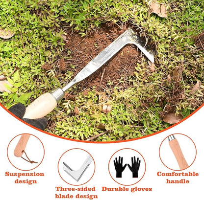 BokingOne 3-Sided Crevice Weeder - 12.6" Stainless Steel Garden Weeding Tool with Beech Handle, L-Shaped Crevice Weeder Sickle for Garden Lawn, Yard Patio Terrace, Paving Gaps