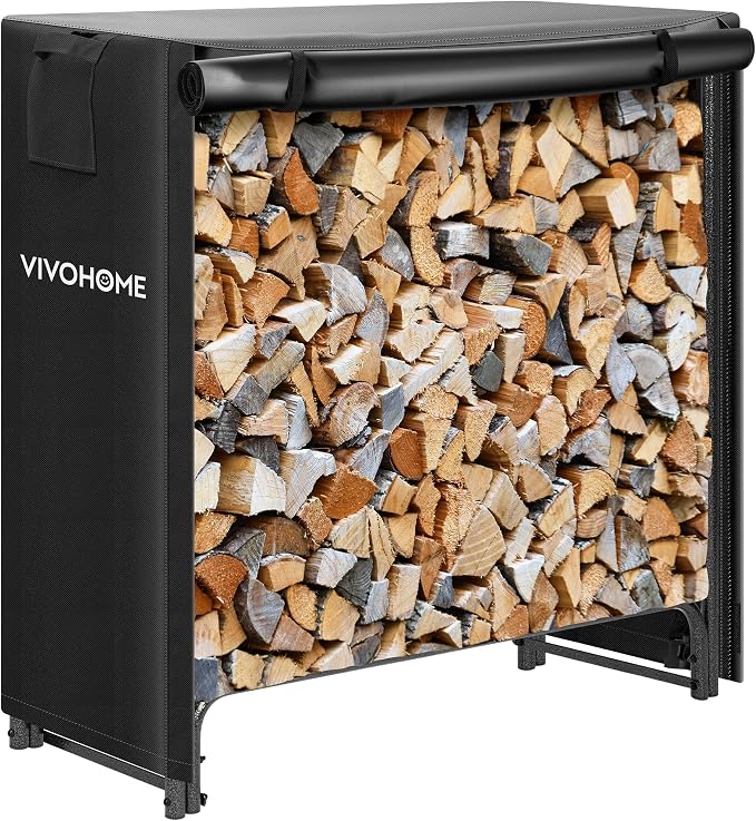 VIVOHOME 3 ft Heavy Duty Firewood Rack Outdoor with Cover, Fire Wood Storage Rack, Log Holder and Cover Combo Set with Zipper, Black