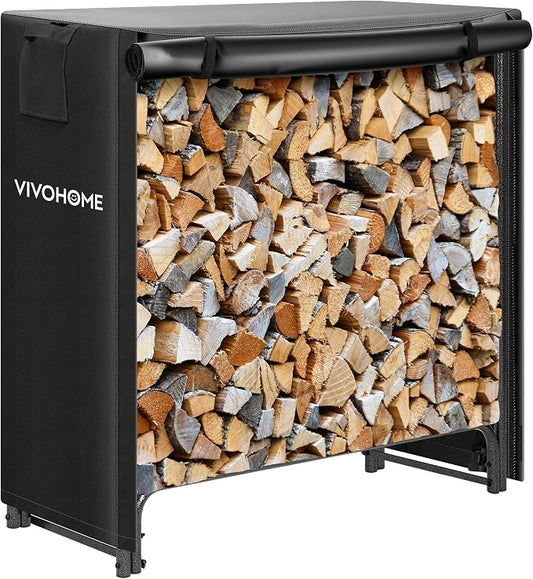 VIVOHOME 3 ft Heavy Duty Firewood Rack Outdoor with Cover, Fire Wood Storage Rack, Log Holder and Cover Combo Set with Zipper, Black