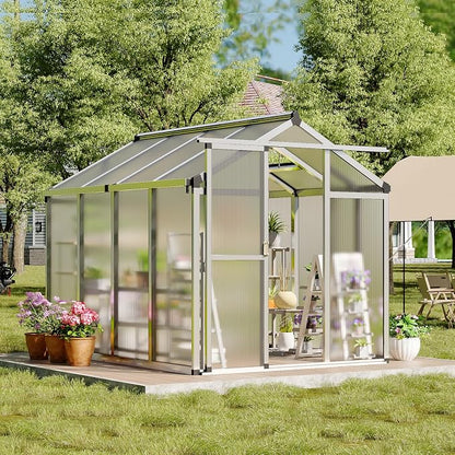 Greenhouse, 6x8 Ft Outdoor Greenhouses, Accessible Green House with Roof Vents and Sliding Doors, Aluminum Frame Polycarbonate Greenhouses, Large Greenhouse for Outdoor Gardens and Backyards, Silver
