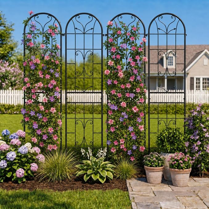 2-Pack 87" x 20" Ornate Scrollwork Arch Black Metal Garden Trellises | Set of 2 rust-resistant trellises with heart scrollwork, arched tops, stakes, and support for roses, vines, or vegetables